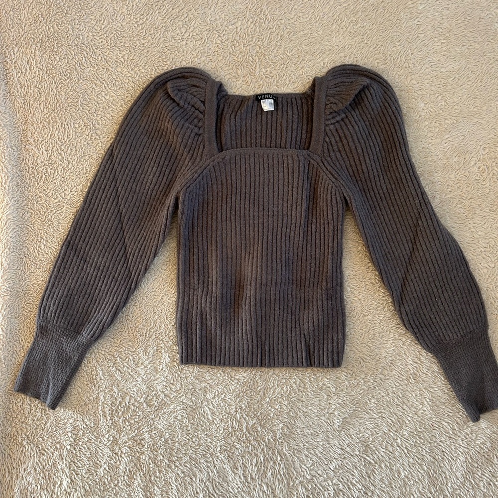 Venus Square Neck Ribbed Puff Sweater